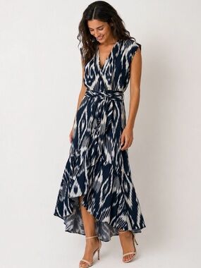 NWT Rebecca Taylor SL Ikat Wrap dress, blue and white, women’s size 4.